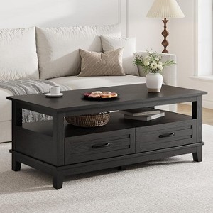 47.2" Farmhouse Coffee Table with Drawers & Open Shelf - Rustic Wood Grain Center Table with 6 Support Legs for Living Room - 1 of 4