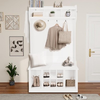 White 5-in-1 Entryway Hall Tree with Storage and Hooks