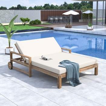 Outdoor Patio Sunbed Loveseat, Wooden Daybed Double Chaise Lounger with Adjustable Backrest 4A -ModernLuxe