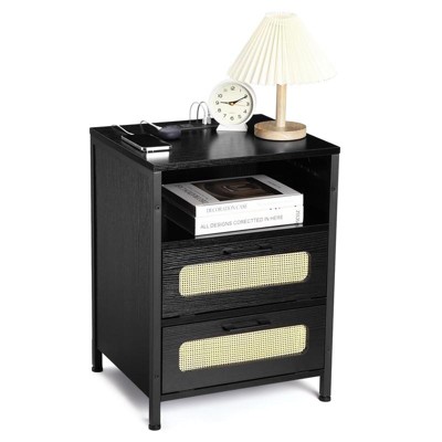 Black Modern Rattan Nightstand with Two Decorative Drawers, Boho End Table with USB Charger Port, Storage Cabinet for Bedroom, Living Room, Office,