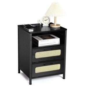 Black Modern Rattan Nightstand with Two Decorative Drawers, Boho End Table with USB Charger Port, Storage Cabinet for Bedroom, Living Room, Office, - 1 of 4
