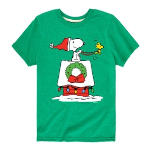 Boys' - Peanuts - Snoopy & Woodstock House Sleigh Short Sleeve Graphic T-Shirt - 1 of 4