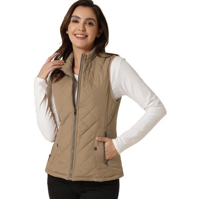 Allegra K Women's Stand Collar Lightweight Gilet Quilted Zip Vest Khaki ...