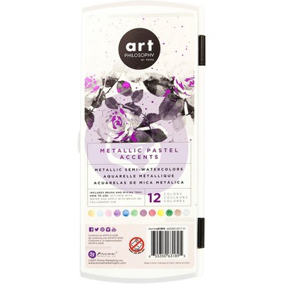 Prima Art Philosophy Metallic Accents Semi-Watercolor Paint -12 Pastel Cakes & Brush