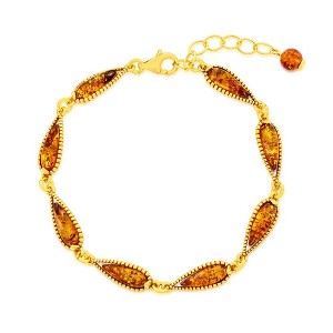 Simona Sterling Silver, Teardrop Amber Link Bracelet - Gold Plated - Brown - 7+1.5 Inch - 1 of 3