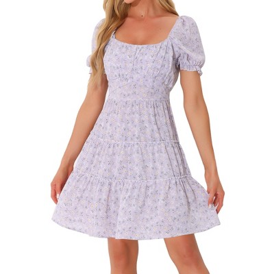 Allegra K Women's Summer Tiered Floral Square Neck Puff Sleeve Tie Back Flowy Mini Dress