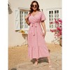 Garvee Women Plus Size V Neck Wrap Maxi Dress High Waist Ruffle Summer Casual Dress with Belt Short Sleeve,small pink flowers,2XL - 2 of 4