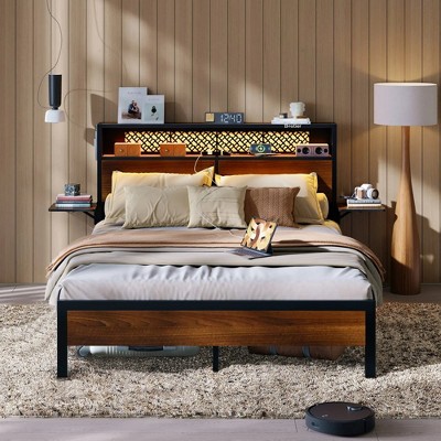 Bed Frame Metal Platform Bed with LED Storage Headboard Charge Station