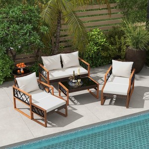 Costway 7 PCS Patio PE Wicker Furniture Set with Ottomans Cushions and Tables Chair Couch - 1 of 3