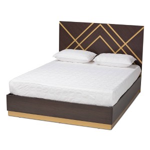 Queen Arcelia Two-Tone Wood Platform Bed Walnut Brown/Gold - Baxton Studio: Geometric Headboard, No Box Spring Required - 1 of 4