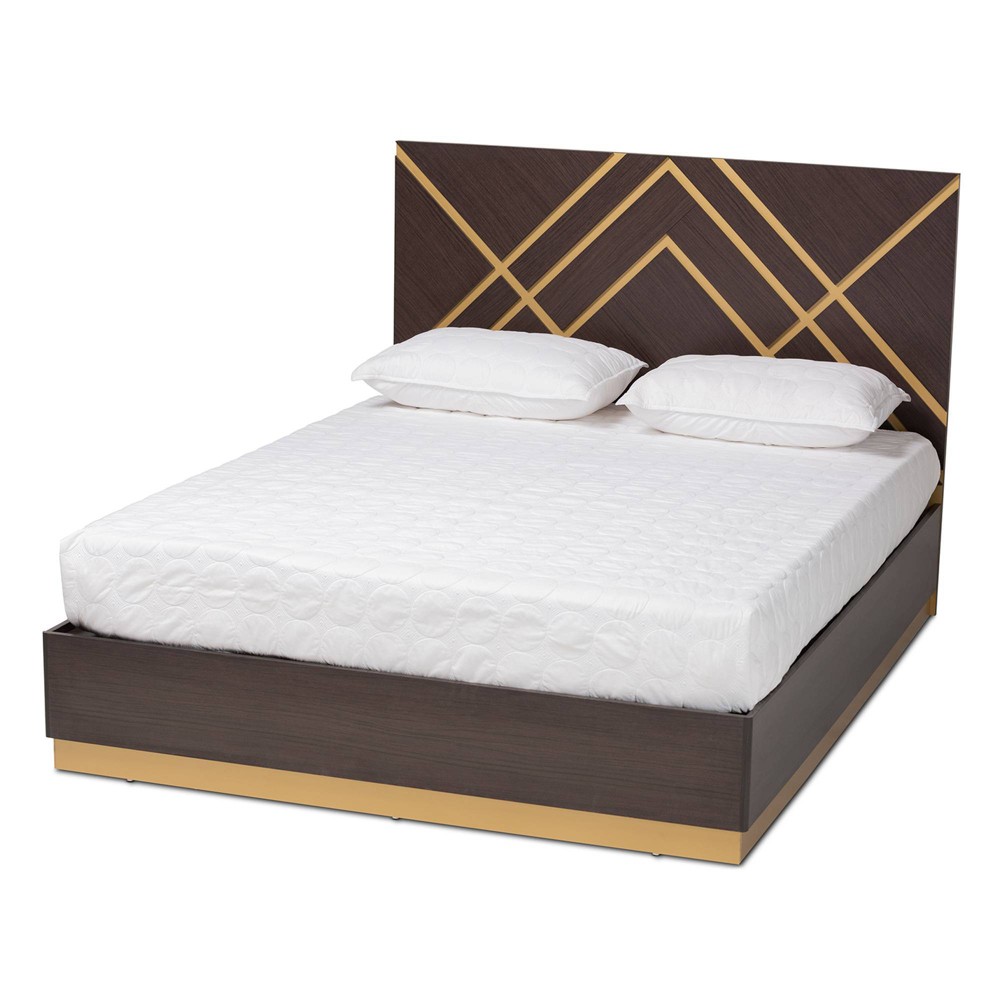 Photos - Bed Queen Arcelia Two-Tone Wood Platform  Walnut Brown/Gold - Baxton Studio