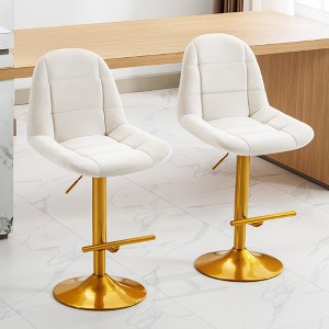 2Pcs Velvet Swivel Bar Stools Adjustable Counter Height Bar Chairs With Back Gold Base Modern Stool Chair For Dining Room, White+Gold - 1 of 4