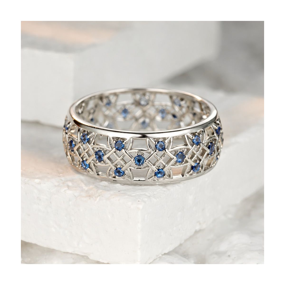 Amy and Annette Sterling Silver Sapphire Filigree Band Ring - thumbnail 3