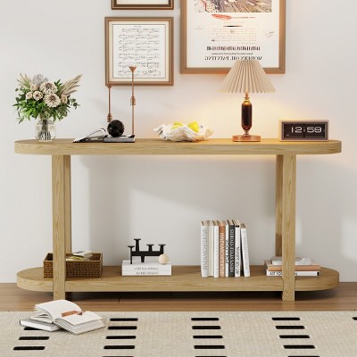 Modern MDF Entryway Console Table,Oval Console Table With Ash Wood Veneer,Open Shelf,Suitable For Hallways Living Room-Cuddlewood