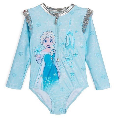 Disney Princess Disney Frozen Queen Elsa Little Girls Half Zip One Piece Bathing Suit UPF 50+ Soft Blue 5-6