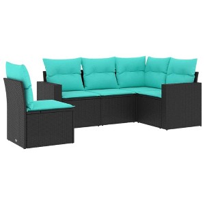 vidaXL 5 Piece Patio Sofa Set with Cushions Black and Blue Poly Rattan - Without Table - 1 of 4