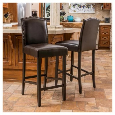 PU Faux Leather Armless Barstool (Set of 2) with Cushioned Backrest and Rubberwood Legs for Kitchen Island, Home Bar