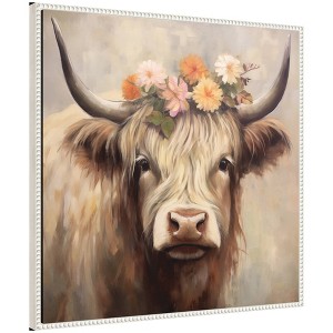 Kate & Laurel All Things Decor 30"x30" Sylvie Adorable Floral Boho Highland Cow Framed Canvas by The Creative Bunch Beaded White - 1 of 4