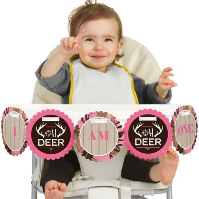 Big Dot of Happiness Pink Gone Hunting 1st Birthday Highchair Decor - I Am One - First Birthday High Chair Banner