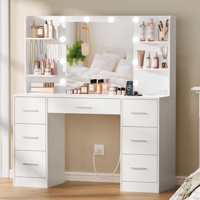 USIKEY Large Vanity Desk with LED Lighted Mirror & Power Outlet,Makeup Vanity Table with 7 Drawers,4 Shelves and 5 Hooks,Vanity Table for Bedroom