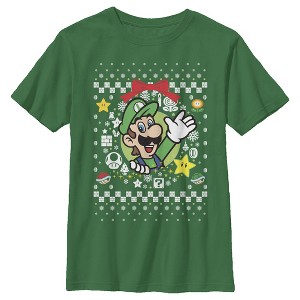 Boy's Nintendo Ugly Christmas Luigi Wreath T-Shirt - 1 of 3