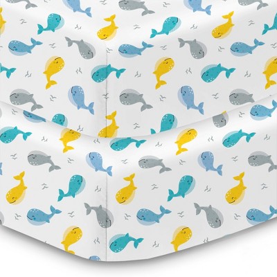 BreathableBaby Cotton Percale Fitted Sheet, For 52" x 28" Crib & Toddler Bed Mattress, Whales (2-Pack)