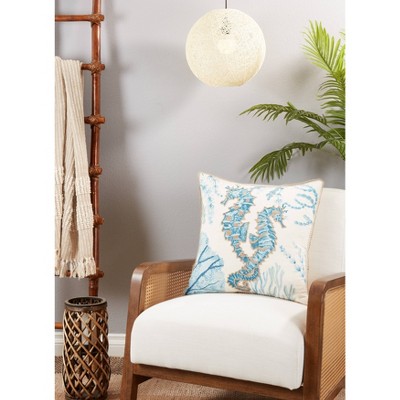 20" Aqua Blue Cotton Sea Horse Design Throw Pillow Cover