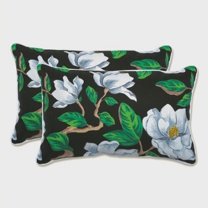 Set of 2 Magnolia Outdoor/Indoor Rectangular Throw Pillows Black - Pillow Perfect: Weather-Resistant Patio Accents - 1 of 4