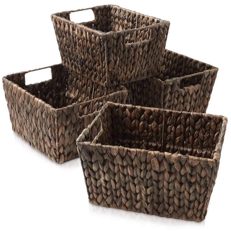 Casafield Set of 4 Water Hyacinth Storage Baskets with Handles, 12" x 9" x 6" Rectangular Storage Bins for Shelves, Blankets, Laundry Organization, 2 of 7