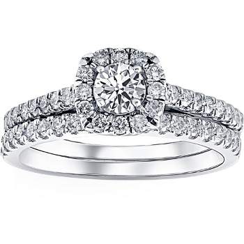 Pompeii3 1ct Cushion Halo Diamond Engagement Wedding Ring Set 14K White Gold