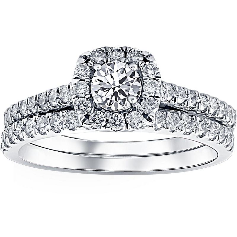 Pompeii3 1ct Cushion Halo Diamond Engagement Wedding Ring Set 14K White Gold, 1 of 6