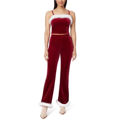 WallFlower Women's Ginger Christmas Fur Trimmed Luxe Velour Cropped Cami and Flare Pant Set