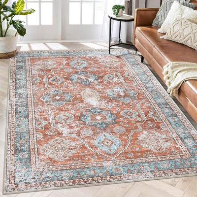 Boho Vintage Area Rug Indoor Floral Print Distressed Rug Throw Carpet