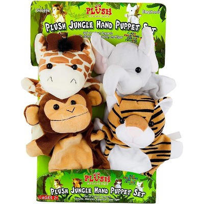 Plush Creations Hand Puppets for Kids, Set of 4 Plush Safari Animals Hand Puppet Toys for Boys and Girls, A Giraffe, Elephant, Tiger, Monkey