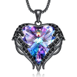 Angel Wings & Heart Necklace with Birthstone, Silver/Gold Tone Jewelry Gift for Women Black-02-Feb. Amethsy Purple Birthstone - 1 of 4