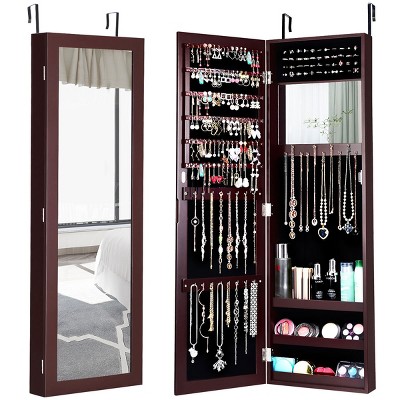 Costway Wall Door Mounted Mirrored Jewelry Cabinet Storage Organizer-Brown
