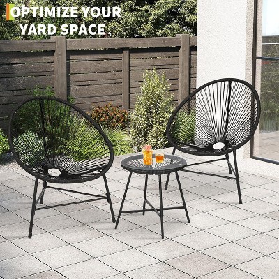 Jojoka 3 Piece Acapulco Patio Set, All-Weather Woven Bistro Set with 2 Rope Chairs and Glass Top Table, Modern Outdoor Conversation Furniture