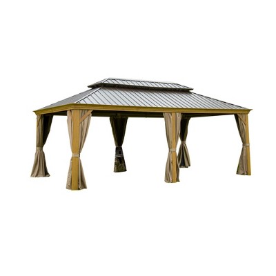 DOMETOUR 12'x20' Aluminum Wood-Look Hardtop Gazebo with Steel Double Canopy, Curtains & Netting for Patio, Deck, Backyard