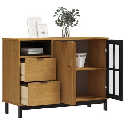 Solid Pine Wood Sideboard with Glass Door and Black Accents