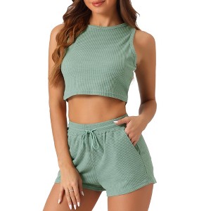 cheibear Women's Waffle Sleeveless Tank Shorts Pajamas 2 Piece Sets - 1 of 4