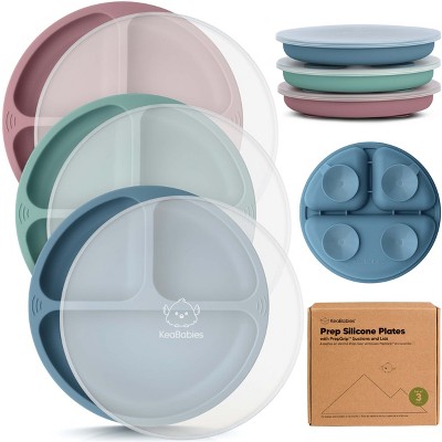 3-Pack Prep Suction Plates with Lids, 100% Silicone Baby Plates with Lid, BPA-Free Kids Divided Toddler Plates