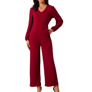 Seta T Women's V Neck Long Sleeve High Waist Wide Leg Casual Jumpsuits with Pockets - 1 of 4