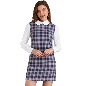 Allegra K Women's Contrast Peter Pan Collar Long Sleeve Above Knee Shift Plaid Dress - 1 of 4