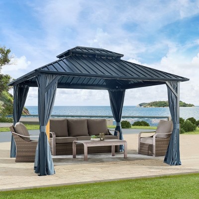 12x16 Ft Hardtop Gazebo with Double Roof, Aluminum Frame, Curtains & Netting, Drainage System, Wind-Resistant Design-Coolbibila