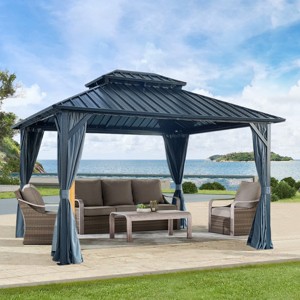 12x16 Ft Hardtop Gazebo with Double Roof, Aluminum Frame, Curtains & Netting, Drainage System, Wind-Resistant Design-Coolbibila - 1 of 4