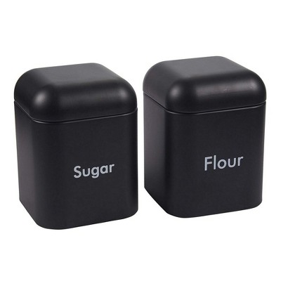 Juvale 2 Piece Kitchen Canister Sets, Stainless Steel Sugar and Flour Storage Container Jars with Lids, 1300ml, Black