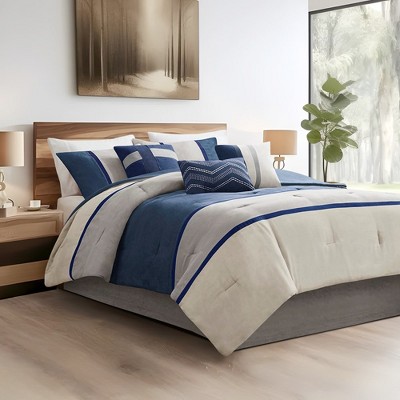 Kimberly Blue and Beige Reversible Queen Microsuede Comforter Set