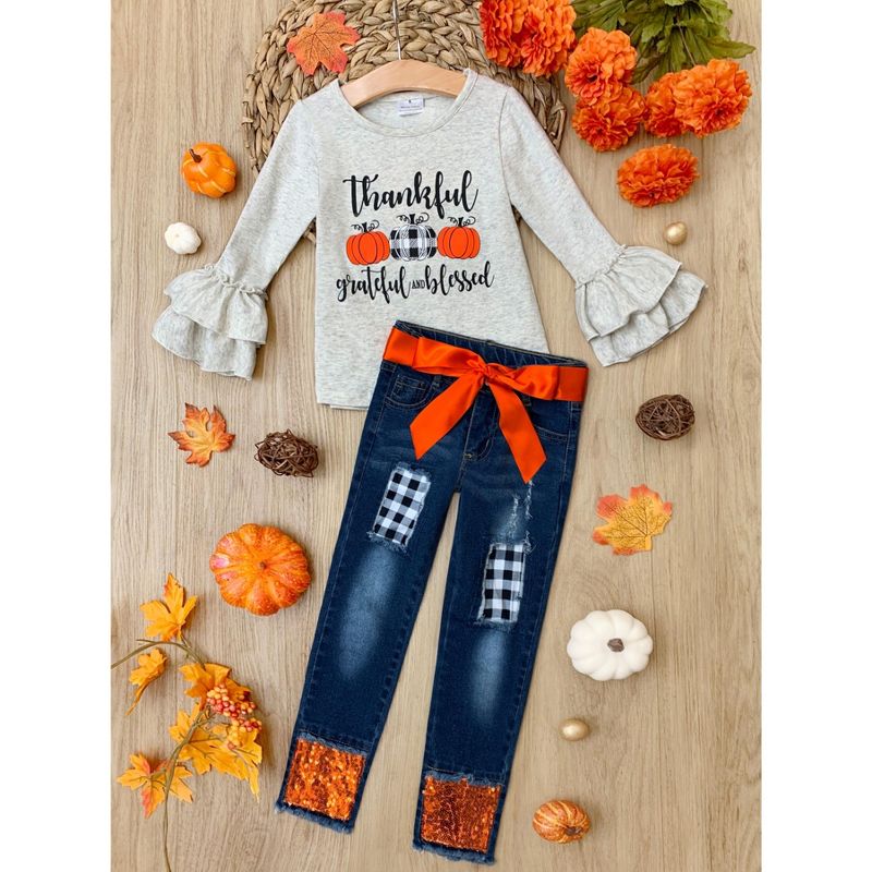 Girls Thankful, Grateful, and Blessed Sequin Patched Jeans Set - Mia Belle Girls, 5 of 8