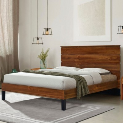 Mid-Century Modern Solid Wood Bed Frame King Size Platform Bed with Six-Piece Headboard Design