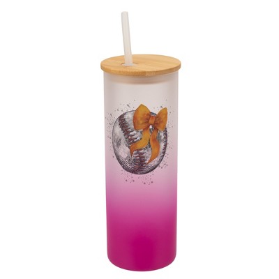 Elanze Designs 25 Ounce Frosted Glass Gradient Travel Tumbler With Straw and Wooden Lid, Baseball With Orange Bow Pink